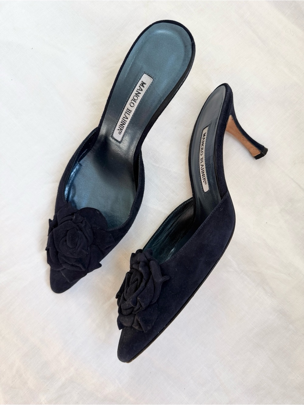 Manolo Blahnik Black Suede Pointed Toe Mules with Floral Rosette